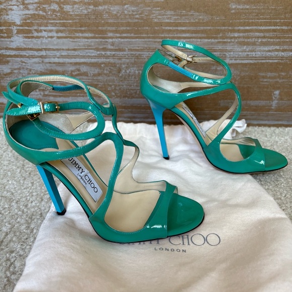 Jimmy Choo Lang Patent Leather Heeled Sandals Blue Preppy Classic Womens 6 - Picture 3 of 11